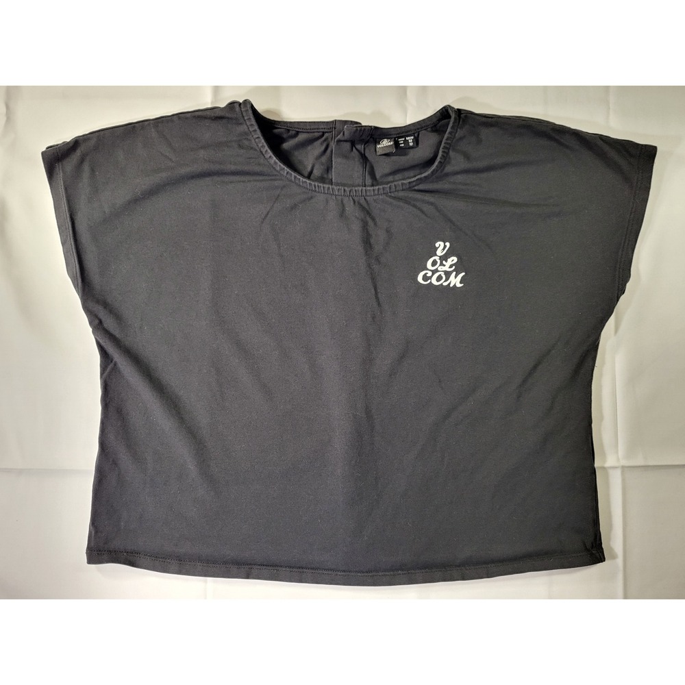 Volcom Womens Black Button Back Crop Top Embroidered Logo Short Sleeve Size M